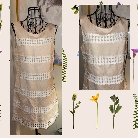 LUCY & CO., BEIGE SHIFT DRESS W/WHITE EYELET DETAILING~SLEEVELESS~US SMALL - Picture 1 of 3